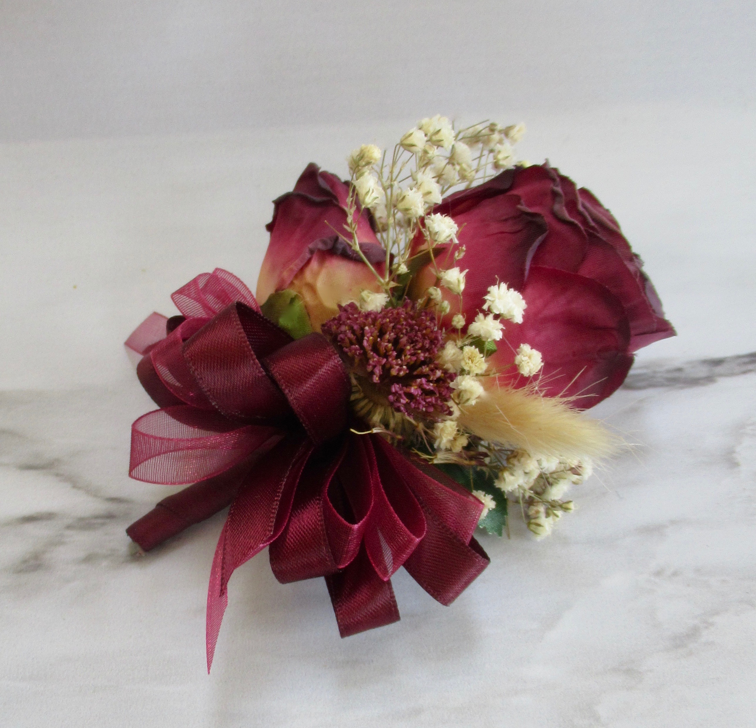 Burgundy Dried Rose Corsage with dried gypsohila COR115